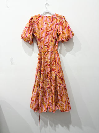 NWT Gibson Latimer Floral Puff Sleeve A-Line Midi Dress Orange Pink Womens S