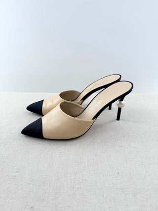 Chanel leather and satin mules with pearl heel accent, 41