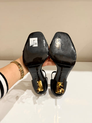 Saint Laurent Patent Vernice Opyum 110 Heel Sandals Chiffon/Oro Antico Nero 38.5