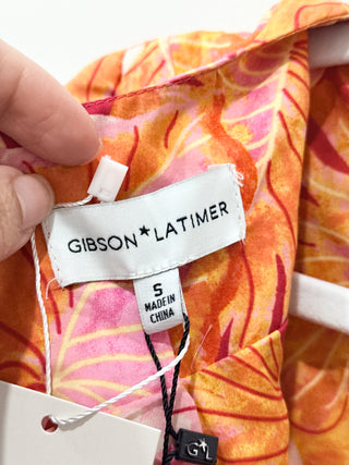NWT Gibson Latimer Floral Puff Sleeve A-Line Midi Dress Orange Pink Womens S