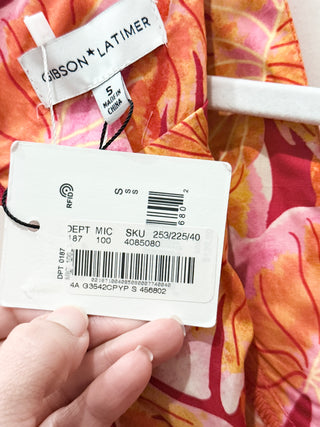 NWT Gibson Latimer Floral Puff Sleeve A-Line Midi Dress Orange Pink Womens S