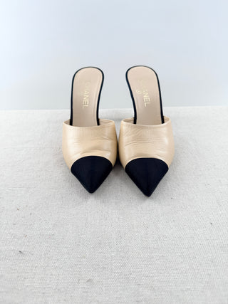 Chanel leather and satin mules with pearl heel accent, 41