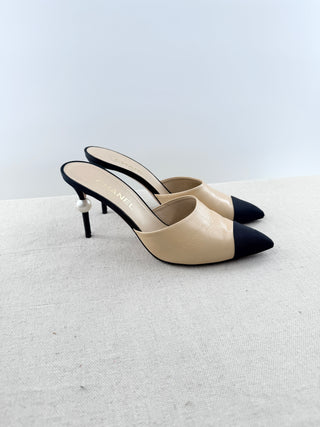 Chanel leather and satin mules with pearl heel accent, 41