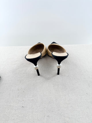 Chanel leather and satin mules with pearl heel accent, 41