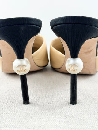 Chanel leather and satin mules with pearl heel accent, 41