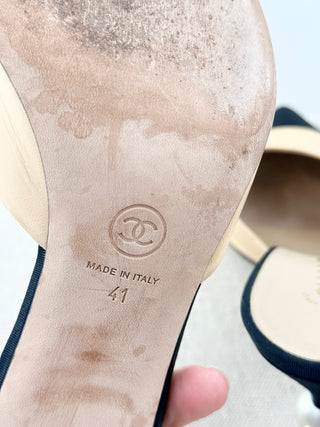 Chanel leather and satin mules with pearl heel accent, 41