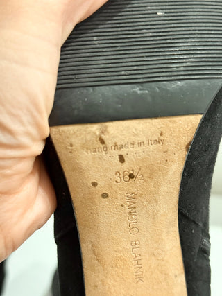 Manolo Blahnik Pitana Suede Block-Heel Knee Boots Black Women's Size EU 36.5