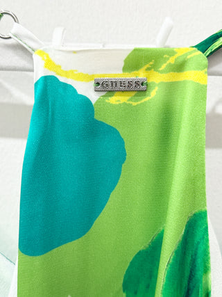 Guess Angelica Floral Satin Tiered Maxi Sundress Green Yellow Women's Medium