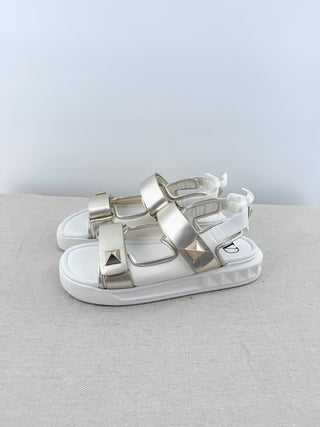 NWT Valentino Neoprene & Leather Stud Slingback Dad Sandals White Silver EU 40.5