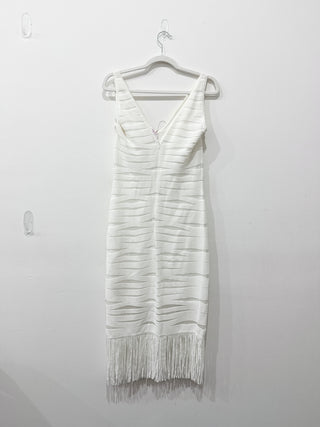 NWT Parker Mae Knit Sleeveless Textured Midi Bodycon Dress with Fringe Cream S