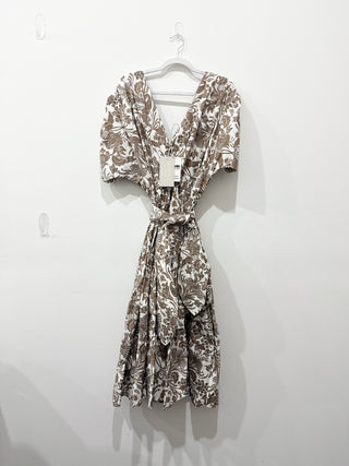 NWT Padova Floral Short Sleeve V-Neck Long Maxi Dress White Brown Womens Size 12