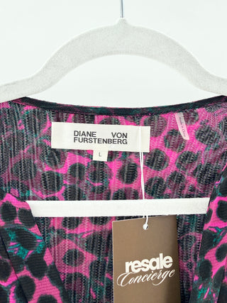 Diane von Furstenberg leopard print midi dress ruched, L