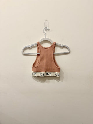 Celine Ribbed Logo Print Racerback Cropped Sports Bra Blush Pink Women's Size XS