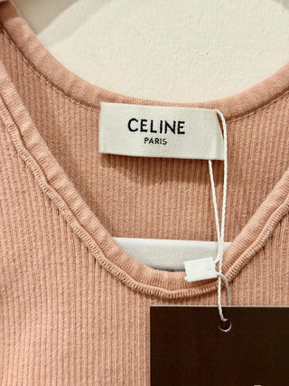 Celine Ribbed Logo Print Racerback Cropped Sports Bra Blush Pink Women's Size XS