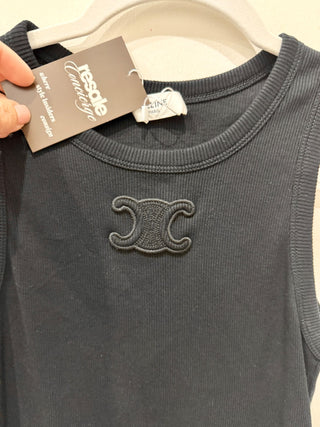 Celine Triomphe Ribbed Cotton Sleeveless Crew Neck Tank Top Black Women's Size S