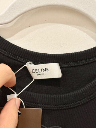 Celine Triomphe Ribbed Cotton Sleeveless Crew Neck Tank Top Black Women's Size S