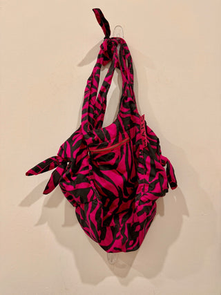 Marc Jacobs Nylon Animal Print Hobo Bow Tote Bag Black Pink Large