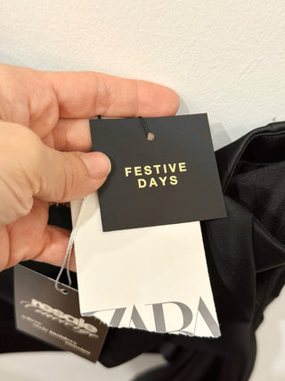 NWT Zara Satin Ruched Strapless Corset Top with Bows Black Women's Size Small