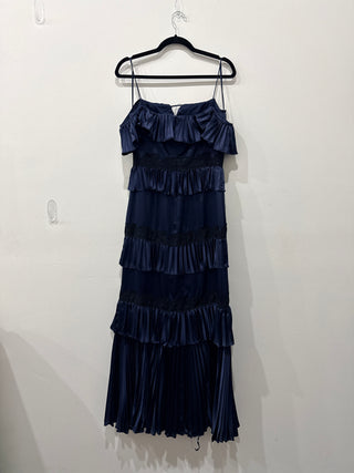 Amur Ariel Off-Shoulder Pleated Ruffle Lace Trim Long Dress Navy Blue Women's 6