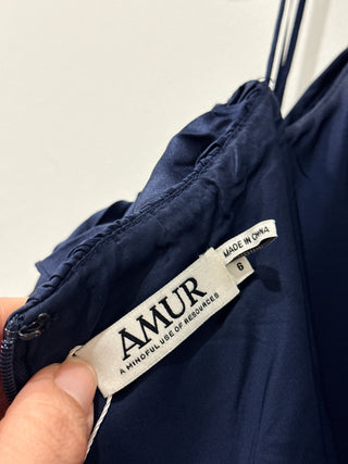 Amur Ariel Off-Shoulder Pleated Ruffle Lace Trim Long Dress Navy Blue Women's 6
