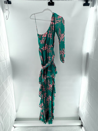 Alexis Floral print one shoulder maxi dress & cascading draped silhouette, XS