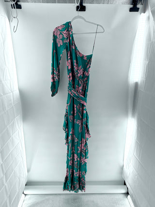 Alexis Floral print one shoulder maxi dress & cascading draped silhouette, XS