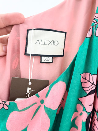 Alexis Floral print one shoulder maxi dress & cascading draped silhouette, XS