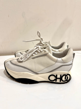 Jimmy Choo Leather and Neoprene Raine Choo Logo Platform Sneakers White EU 37.5