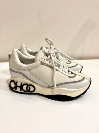 Jimmy Choo Leather and Neoprene Raine Choo Logo Platform Sneakers White EU 37.5