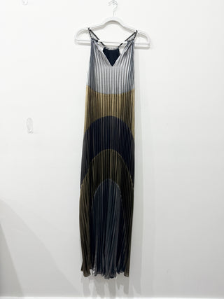 BCBGMaxazria Metallic Colorblock V-Neck Pleated Gown Silver Gold Black Womens XS