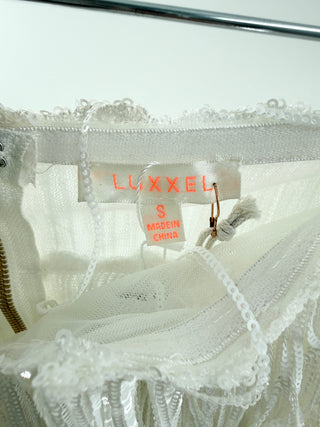 Luxxel strapless beaded fringe maxi dress, S