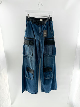 Alice & Olivia Wide-Leg Denim Pants with Vegan Leather Accents, 27