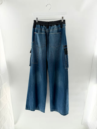 Alice & Olivia Wide-Leg Denim Pants with Vegan Leather Accents, 27