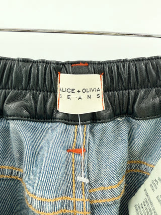 Alice & Olivia Wide-Leg Denim Pants with Vegan Leather Accents, 27