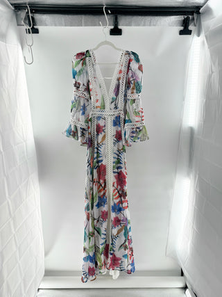 PatBo Floral maxi dress with lace trim and bell sleeves, 6/38