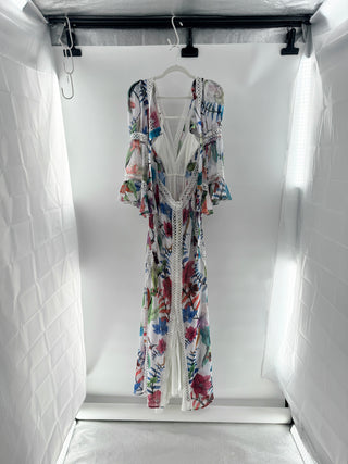 PatBo Floral maxi dress with lace trim and bell sleeves, 6/38
