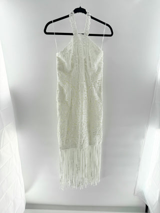 Boston Proper Crochet halter dress with floral detailing & fringe hem, S