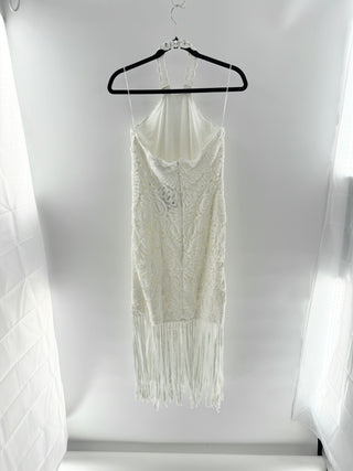 Boston Proper Crochet halter dress with floral detailing & fringe hem, S