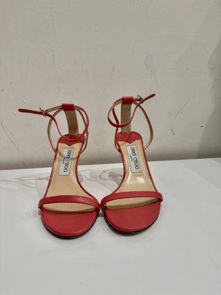 Jimmy Choo Minny 85mm Ankle Strap Heeled Sandals Red Leather Women's EU 37.5