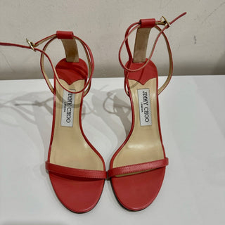 Jimmy Choo Minny 85mm Ankle Strap Heeled Sandals Red Leather Women's EU 37.5