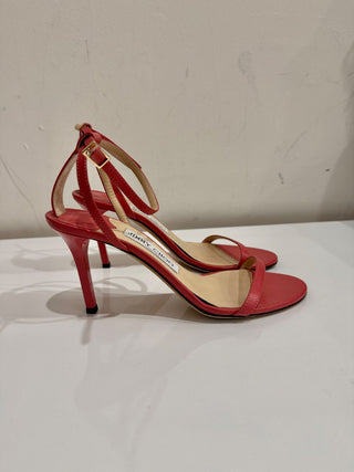 Jimmy Choo Minny 85mm Ankle Strap Heeled Sandals Red Leather Women's EU 37.5