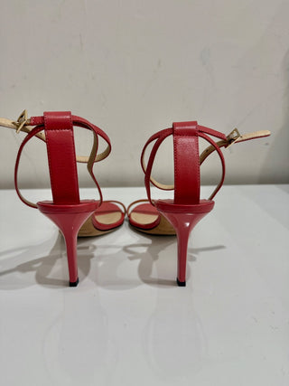 Jimmy Choo Minny 85mm Ankle Strap Heeled Sandals Red Leather Women's EU 37.5