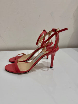 Jimmy Choo Minny 85mm Ankle Strap Heeled Sandals Red Leather Women's EU 37.5