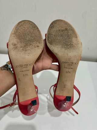 Jimmy Choo Minny 85mm Ankle Strap Heeled Sandals Red Leather Women's EU 37.5