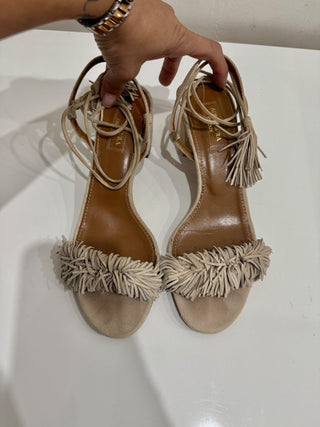 Aquazzura suede fringe mid heel block heel sandals, 38