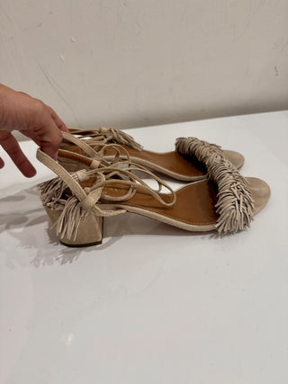 Aquazzura suede fringe mid heel block heel sandals, 38