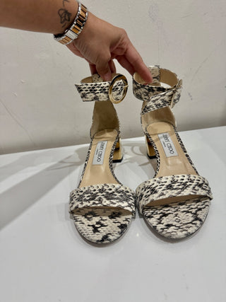 Jimmy Choo Jaimie Snakeprint Ankle Strap Gold Heel Sandals Cream/Black EU 37.5