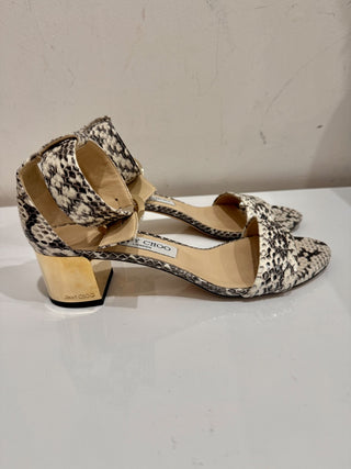 Jimmy Choo Jaimie Snakeprint Ankle Strap Gold Heel Sandals Cream/Black EU 37.5