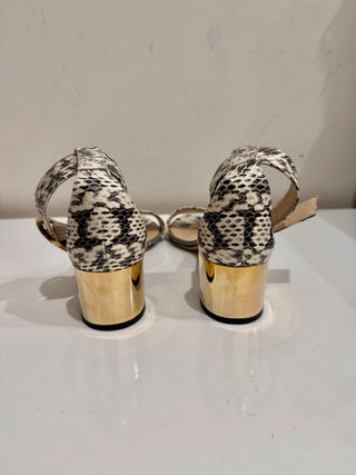 Jimmy Choo Jaimie Snakeprint Ankle Strap Gold Heel Sandals Cream/Black EU 37.5