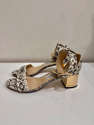 Jimmy Choo Jaimie Snakeprint Ankle Strap Gold Heel Sandals Cream/Black EU 37.5